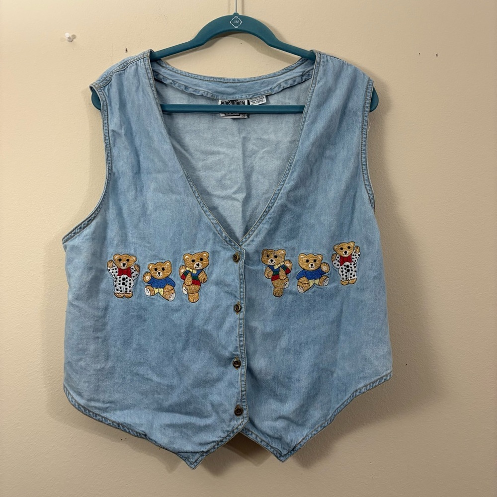 Talk of America bear embroidered denim vest women’s XL 90s teacher